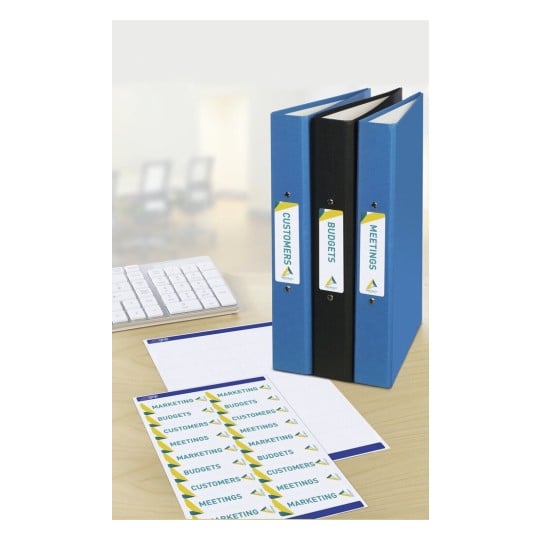 The image features three binders labeled 'CUSTOMERS', 'BUDGETS', and 'MEETINGS' arranged on a desk alongside a computer keyboard. There is also a sheet of labels with the same headings, indicating organizational materials for business tasks.
