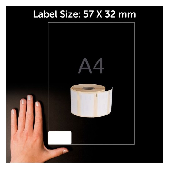 The image features a roll of labels with dimensions of 57 X 32 mm, next to a hand for size reference. There is also an A4 label indicated in the background. The backdrop is dark, enhancing the visibility of the labels and hand.