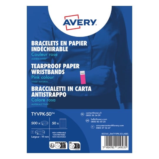 AVERY - 500 TYVEK® paper wristbands, width 19mm Fluorescent Pink TYVPK-50