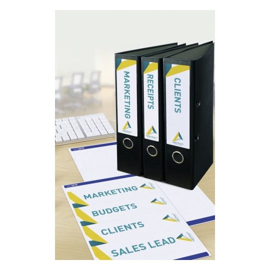 The image shows three black binders labeled 'Marketing', 'Receipts', and 'Clients'. There are sheets of paper on the table titled 'Marketing', 'Budgets', 'Clients', and 'Sales Lead', along with a computer keyboard in the background.