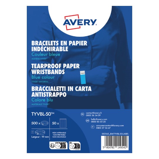 AVERY - 500 TYVEK® paper wristbands width 19mm Fluorescent Blue TYVBL-50