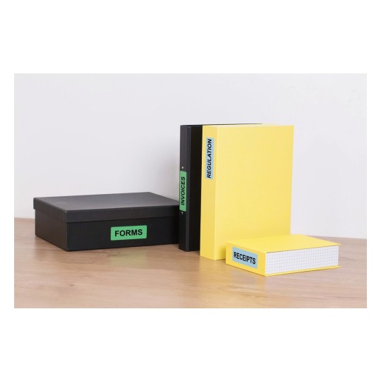 The image depicts organized office supplies including a black box labeled 'FORMS', a black binder labeled 'INVOICES', a yellow binder labeled 'REGULATION', and a yellow notebook labeled 'RECEIPTS'.