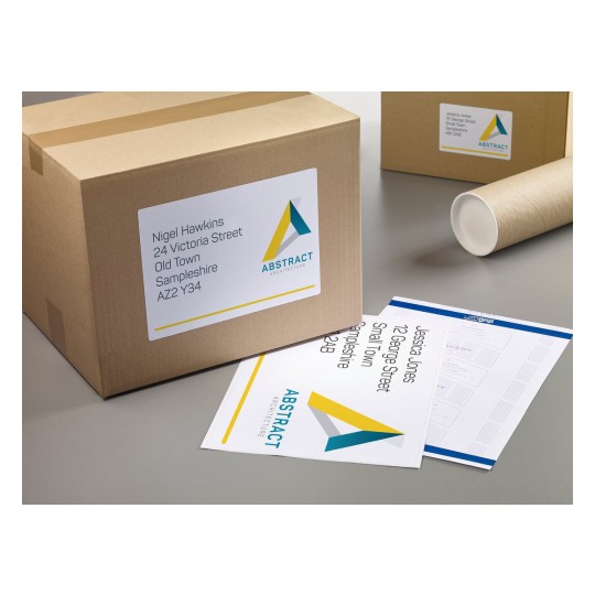 The image displays a cardboard package with a shipping label addressed to Nigel Hawkins, along with a paper document featuring another address and the logo of 'Abstract Architecture.' A cylindrical tube is also visible in the background.