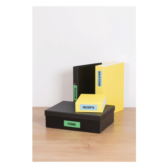 The image displays a collection of organized storage boxes and binders on a wooden surface. There are three items: a large black box labeled 'FORMS', a medium black binder labeled 'INVOICES', and a small yellow binder labeled 'REGULATION', along with a small yellow box labeled 'RECEIPTS'. These items suggest office organization and document management.