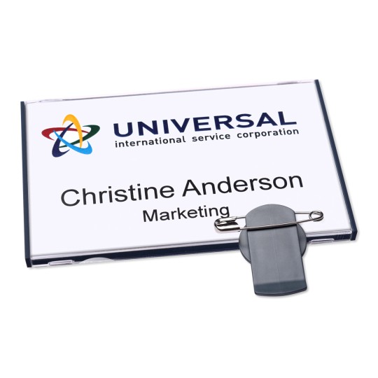 The image shows a name badge or ID card for Christine Anderson, who works in marketing at Universal International Service Corporation. The badge displays the company logo and her name prominently.