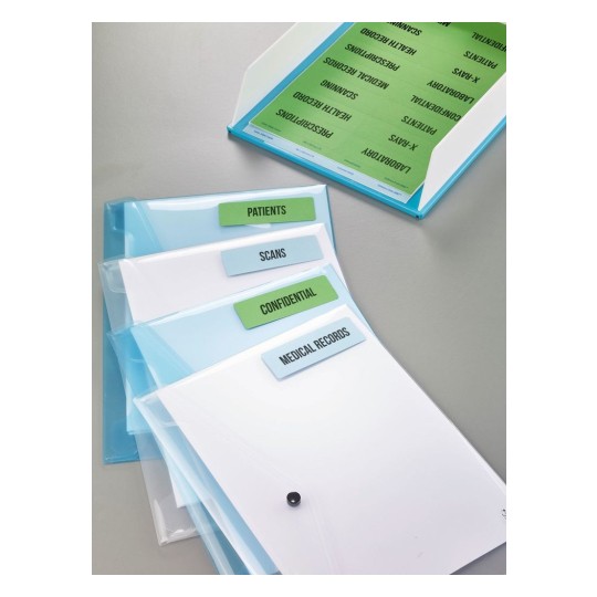 The image features a collection of organized file folders labeled 'Patients', 'Scans', 'Confidential', and 'Medical Records'. There is also a binder with various medical-related tabs visible in the background, indicating a focus on health documentation and organization.