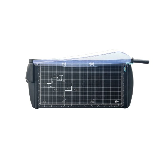 The image shows a black cutting tool with a transparent cover, featuring a grid pattern on its surface. It appears to be designed for precise cutting, with marked measurements and guides.