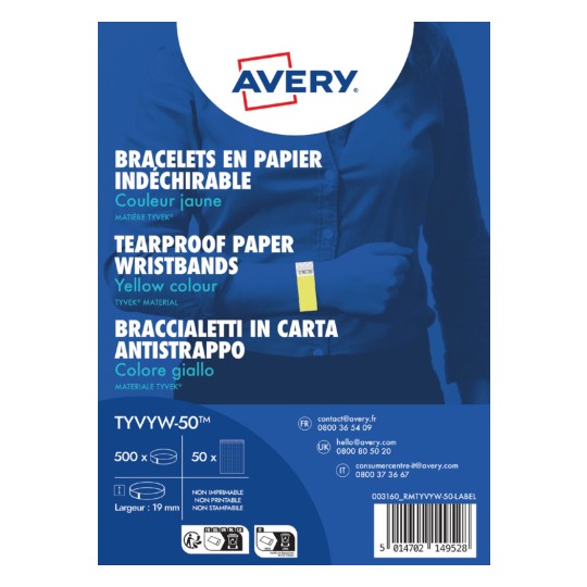 AVERY - 500 TYVEK® paper wristbands, width 19mm Fluorescent Yellow TYVYW-50