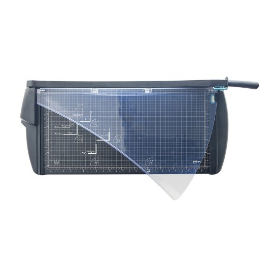 The image shows a rotary paper trimmer with a transparent cutting guard. It features a grid pattern designed for measuring and cutting accurately.