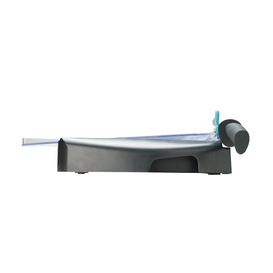 The image shows a side view of a paper cutter, featuring a black base, a blue handle, and a clear cutting guide.