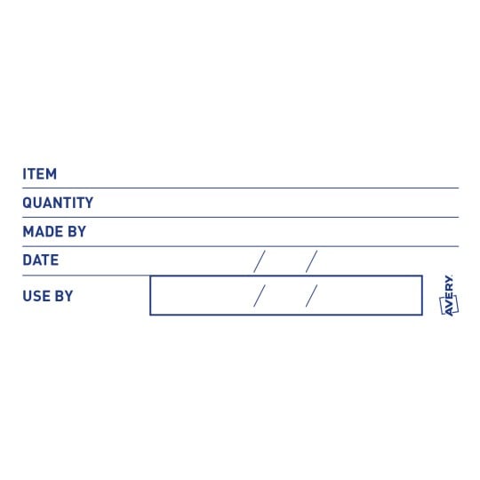 The image shows a blank label with spaces for item details including 'ITEM', 'QUANTITY', 'MADE BY', 'DATE', and 'USE BY', with a logo from Avery.