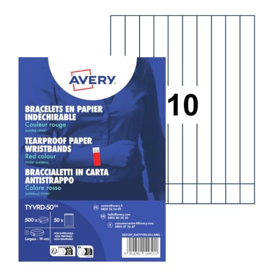 AVERY - 500 TYVEK® paper wristbands, width 19mm Fluorescent Red TYVRD-50