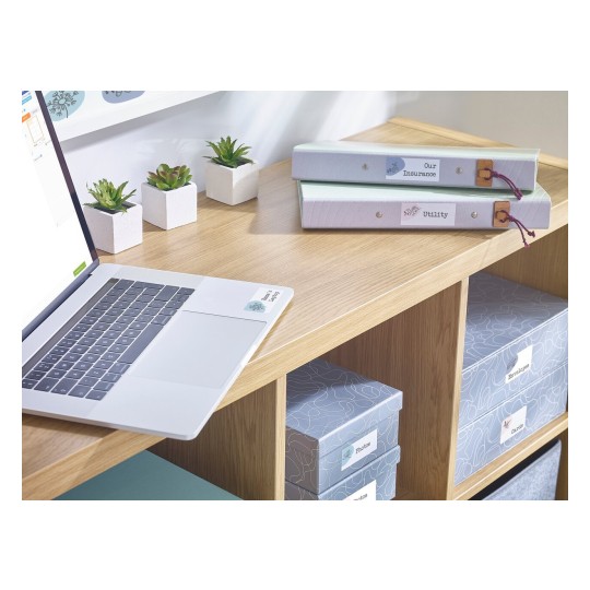 The image features a desk with a laptop, two labeled binders titled 'Our Insurance' and 'Utility', small potted plants, and decorative storage boxes, creating a tidy workspace.