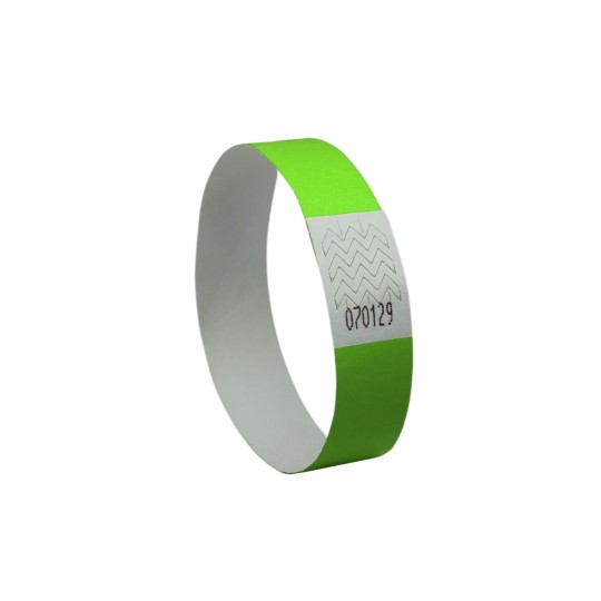 The image shows a green wristband with a white segment printed with a pattern and a number, likely used for event identification or access control.