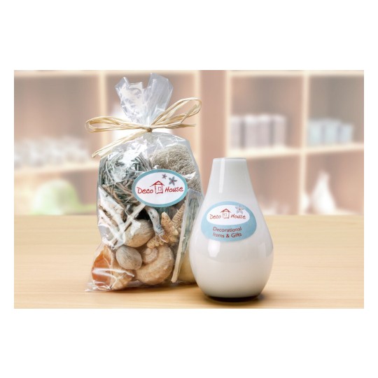 The image features a decorative gift bag containing various natural items like seashells and twigs, alongside a white vase labeled 'Deco House' indicating it's for decorative items and gifts.