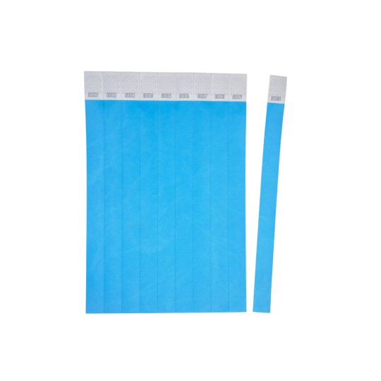 The image shows a set of blue adhesive labels or tags, arranged in a row with serial numbers printed on top.