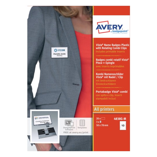 Vista ® Name Badges  - Plastic with Rotating Combi Clips, 4838G-M 4838G-M