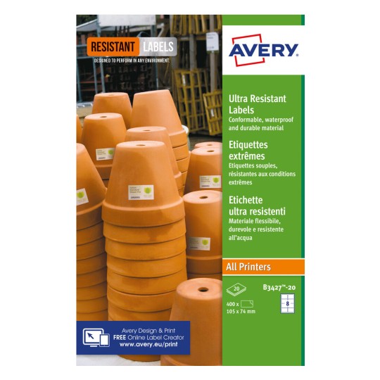 Avery B3427-20 Ultra Resistant Labels, White (A4 Sheet of 105 x 74.3 mm, 20 Labels) B3427-20