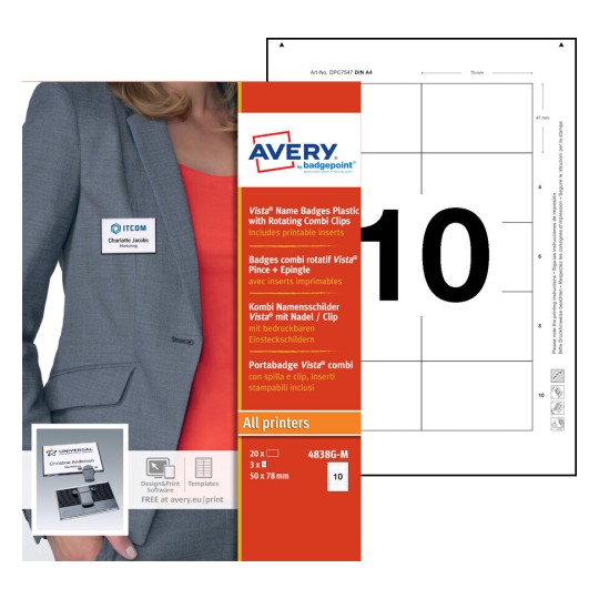 Vista ® Name Badges - Plastic with Rotating Combi Clips, 4838G-M 4838G-M