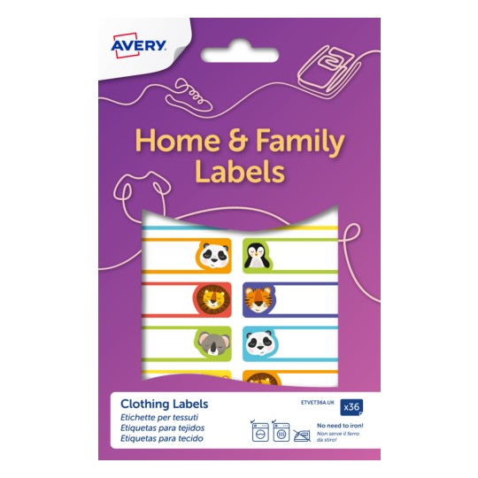 36 Clothing Name Labels, with animal patterns, 45 x 13 mm ETVET36A.UK