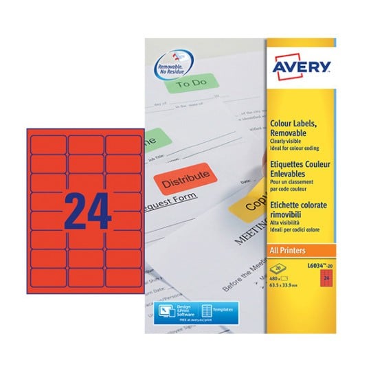 Coloured Labels, L6034, 20 sheets L6034-20 Content: 480 Labels / 20 Sheet