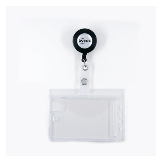 The image shows a retractable badge holder attached to a clear plastic ID holder. The badge holder features an Avery logo on a black circular reel.