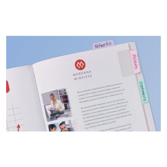 The image shows an open document featuring the logo 'MORVANA WIRELESS'. It includes images of people and sections labeled 'Networks', 'Policies', and 'Customers' on colorful tabs. The content appears to discuss business-related topics.