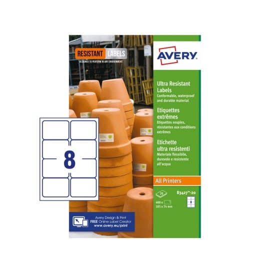 Avery B3427-20 Ultra Resistant Labels, White (A4 Sheet of 105 x 74.3 mm, 20 Labels) B3427-20