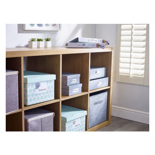 The image shows a wooden shelving unit with various storage boxes labeled for organization. There are pastel-colored boxes, a small trio of potted plants, and a framed artwork on the wall. Natural light enters through a window with shutters, creating a bright and tidy atmosphere.
