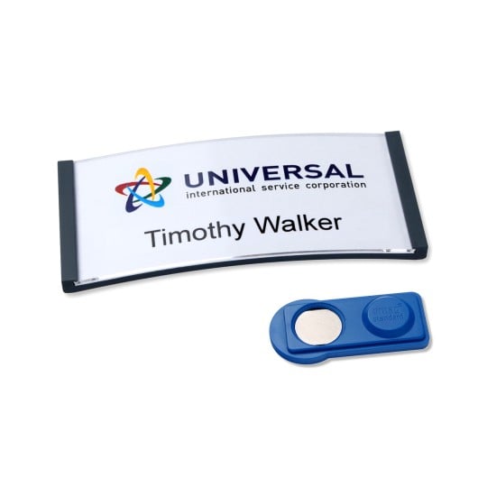 The image features a name badge with the name 'Timothy Walker' and a logo for 'UNIVERSAL international service corporation', alongside a blue magnetic badge holder.