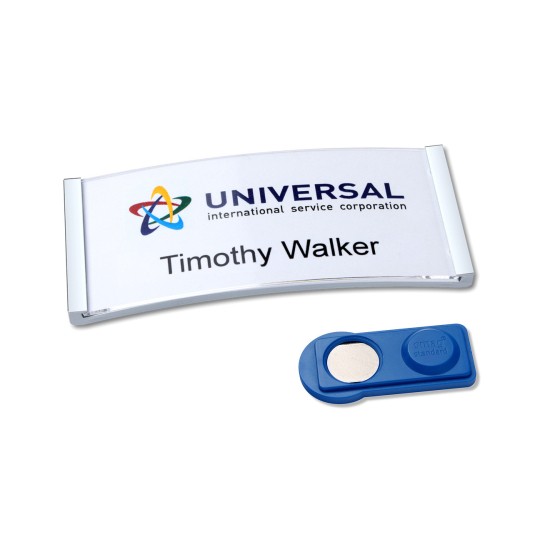 The image shows a name badge with the logo of 'Universal international service corporation' and the name 'Timothy Walker'. Next to it is a blue name badge holder.