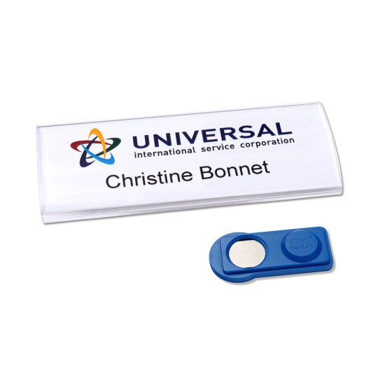 The image shows a name tag for 'Christine Bonnet' from 'UNIVERSAL international service corporation' along with a blue magnetic name tag holder.