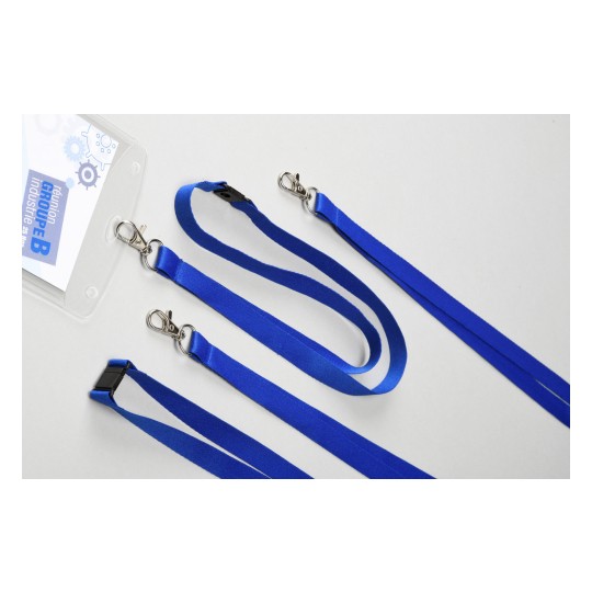 The image features multiple blue lanyards with clasps, one attached to a clear ID card holder that displays text in French, indicating a group meeting.
