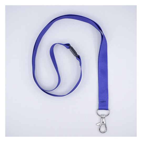 The image shows a purple lanyard with a metal clip at one end. It is flat and has a smooth texture, laying on a light background.