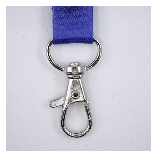 The image shows a metallic swivel clip attached to a blue strap. The clip is designed for securing items and features a spring-loaded latch for easy attachment and detachment.