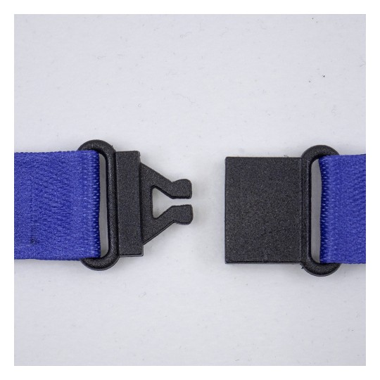 The image shows a blue strap with a black plastic buckle. The buckle is partially unlatched, indicating it can be closed tightly. The background is white, emphasizing the components of the strap.