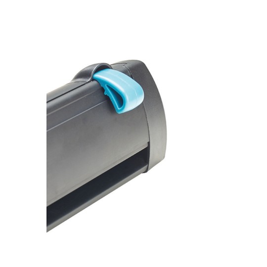 The image shows a close-up of a black object with a blue handle, possibly a tool or device featuring a sliding mechanism.