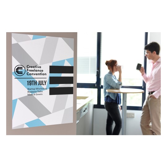 The image features a poster for the Creative Freelance Convention, happening on July 19th. It mentions events such as Startup Workshops, Business Talks, and Meet & Greets, set against a geometric background. In the background, two people are engaging in conversation, one drinking from a cup.