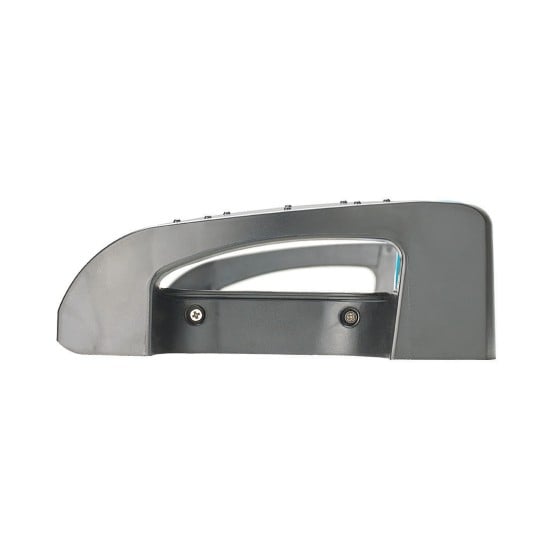 The image shows a side view of a gray stapler, highlighting its curved design and handle. The stapler appears to have metallic elements and screws visible.