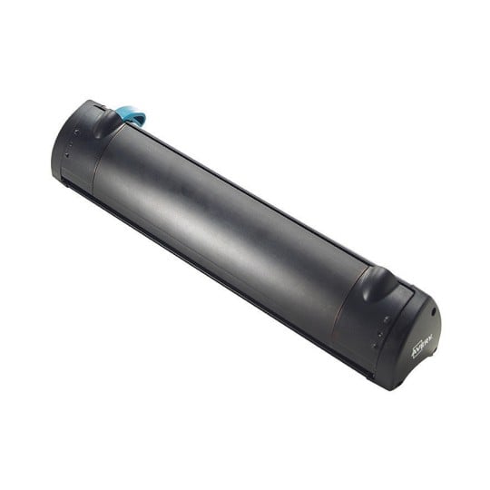 The image shows a black cylindrical object, resembling a thermal printer or label maker.