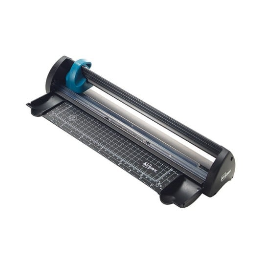 This is a cutting machine with a flat cutting sleeve and a grid for precise measurements. It has a blue handle and a black casing.