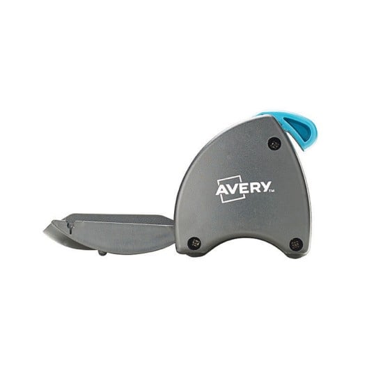The image depicts a product designed for adhesive dispensing, specifically a tape dispenser from the brand Avery. It features a sleek, ergonomic design with a blue handle and a compartment for tape storage.