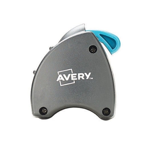 The image shows an Avery brand label maker or tape dispenser with a gray and blue design.