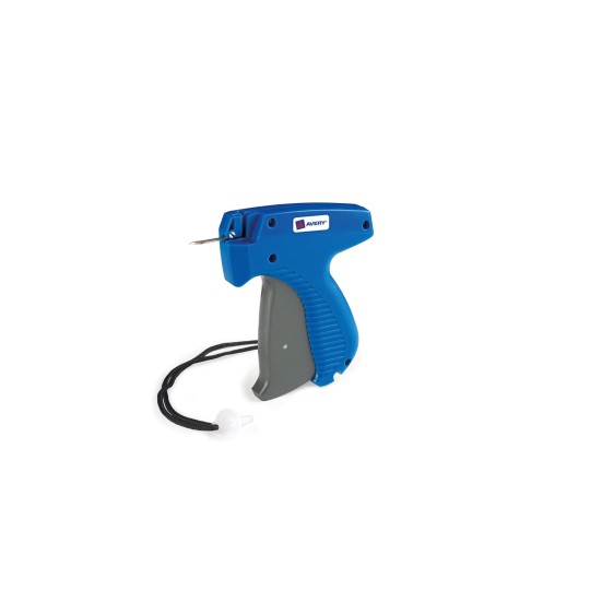 The image shows a blue tagging gun with a gray grip, commonly used for attaching price tags to clothing and other items.