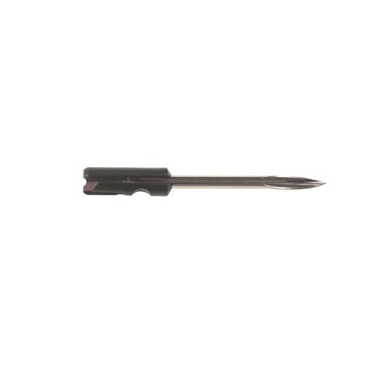 The image shows a metal tool that appears to be a sewing needle, featuring a pointed tip and a holder for easy grip.