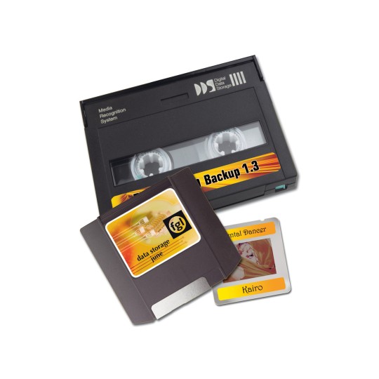This image shows a digital storage cassette with a label 'Data Backup 1.3', along with a data card and a slide, with the text 'Kairo'.
