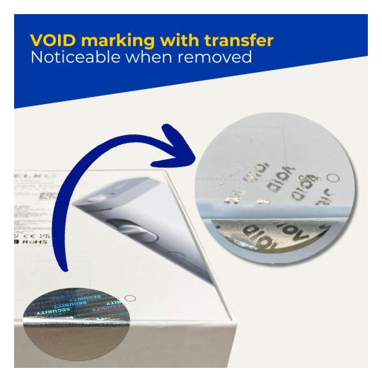 White product box with round holographic VOID security sticker partly peeled