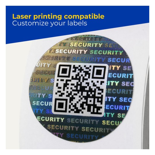 Round holographic security sticker with QR code and repeating "SECURITY" text