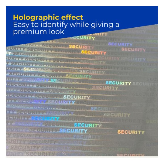 Holographic panel with repeated multicolor word "SECURITY" and blue banner reading "Holographic effect"