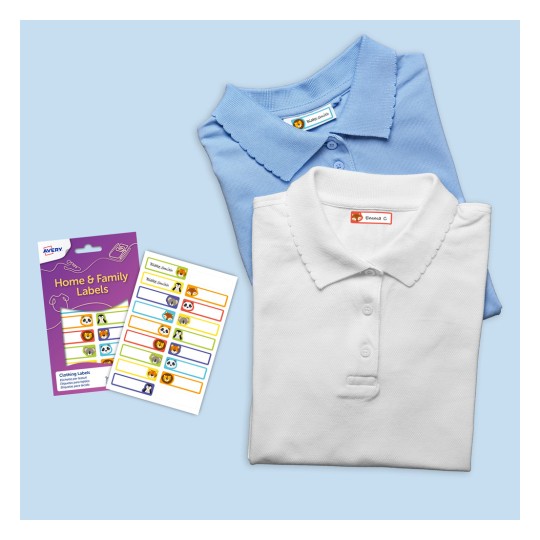 The image shows two collared polo shirts, one light blue and one white, with clothing labels featuring various animal designs. Additionally, there is a pack of home and family labels displayed alongside the shirts.